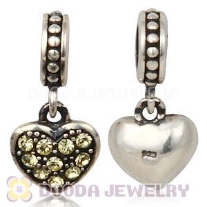 Sterling Silver European Jonquil Pave Heart Dangle With Jonquil Austrian Crystal
