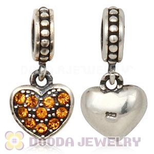 Sterling European Topaz Pave Heart Dangle With Topaz Austrian Crystal