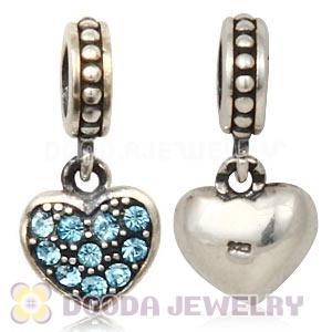Sterling Silver European Aquamarine Pave Heart Dangle With Aquamarine Austrian Crystal