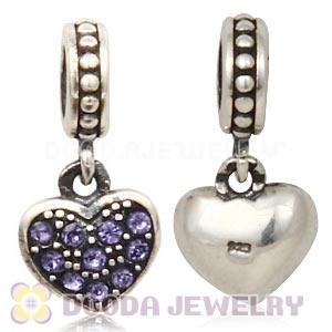 Sterling Silver European Tanzanite Pave Heart Dangle With Tanzanite Austrian Crystal