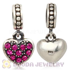 Sterling Silver European Fuchsia Pave Heart Dangle With Fuchsia Austrian Crystal