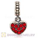 Sterling Silver European Light Siam Pave Heart Dangle With Light Siam Austrian Crystal