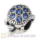 925 Sterling Silver European Turtle Charm Bead With Pave Sapphire Austrian Crystal