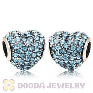 European Sterling Aquamarine Pave Heart With Aquamarine Austrian Crystal Charm