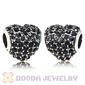 European Sterling Jet Pave Heart With Jet Austrian Crystal Charm