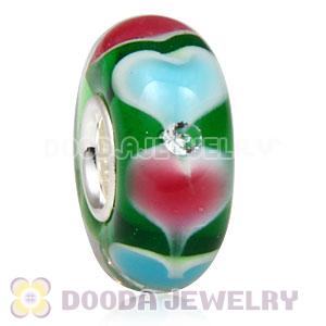 Handmade European Heart Glass Beads Inside Cubic Zirconia In 925 Silver Core