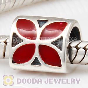925 Sterling Silver European 4 Petal Flower Bead with Red Enamel