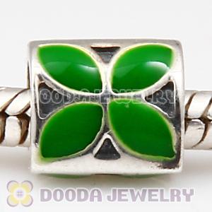 925 Sterling Silver European 4 Petal Flower Bead with Green Enamel