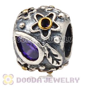 European Style Silver Beads with Dew Drops Purple Stone