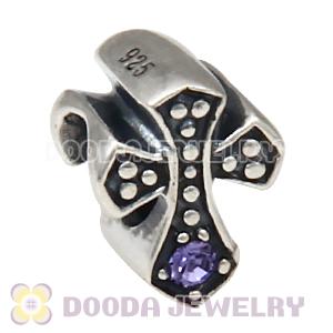 European Antique Sterling Silver Cross Charm Bead with Tanzanite Austrian Crystal