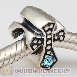 European Antique Sterling Silver Cross Charm Bead with Aquamarine Austrian Crystal