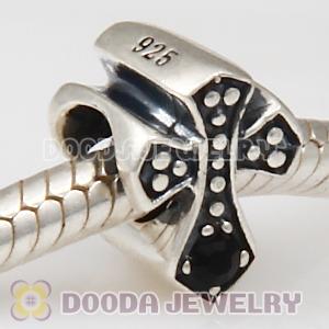 European Antique Sterling Silver Cross Charm Bead with Jet Austrian Crystal