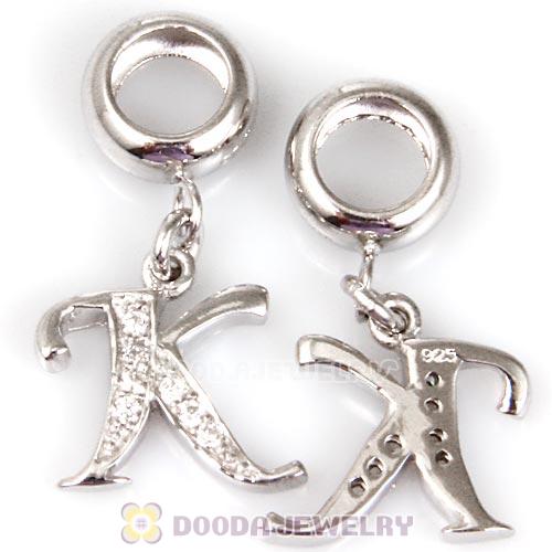 925 Sterling Silver Dangle Letter K Beads with CZ Stone