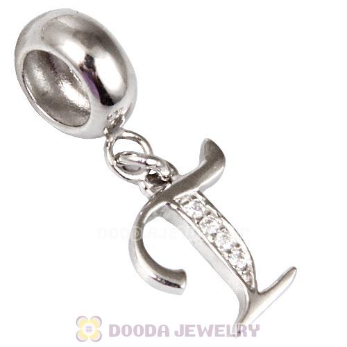 925 Sterling Silver Dangle Letter T Beads with CZ Stone