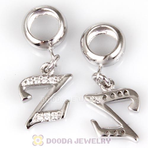 925 Sterling Silver Dangle Letter Z Beads with CZ Stone