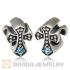 European Antique Sterling Silver Cross Charm Bead with Aquamarine Austrian Crystal