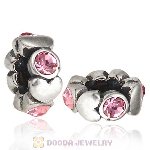 European Sterling Silver Heart Spacer Beads with Light Rose Austrian Crystal