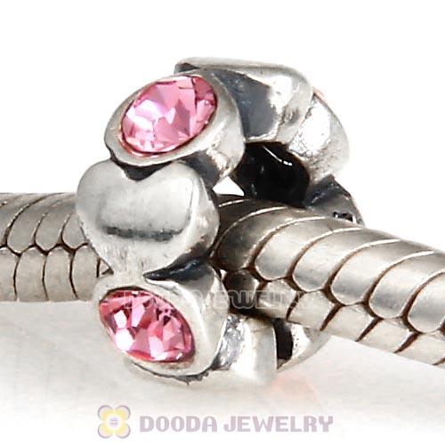 European Sterling Silver Heart Spacer Beads with Light Rose Austrian Crystal