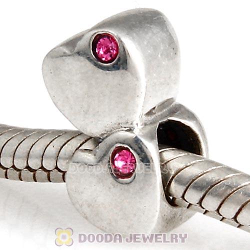 European Sterling Double Heart Charm with Rose Austrian Crystal Beads