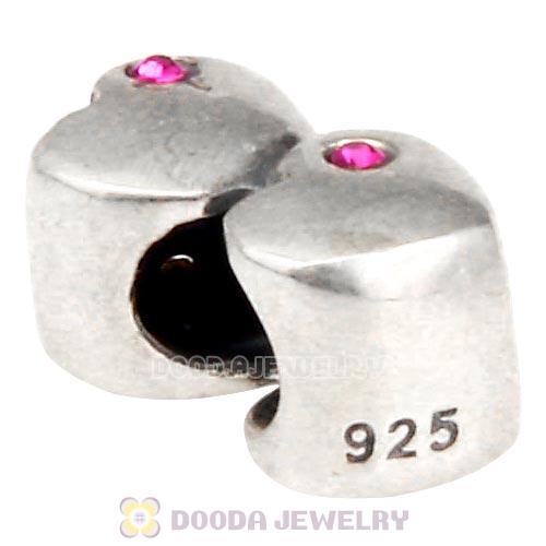 European Sterling Double Heart Charm with Rose Austrian Crystal Beads