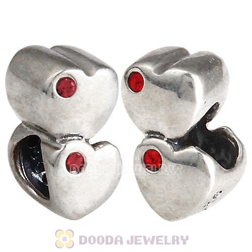 European Sterling Double Heart Charm with Light Siam Austrian Crystal Beads
