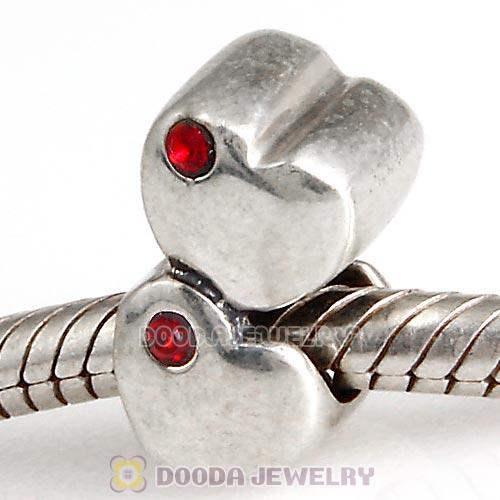 European Sterling Double Heart Charm with Siam Austrian Crystal Beads