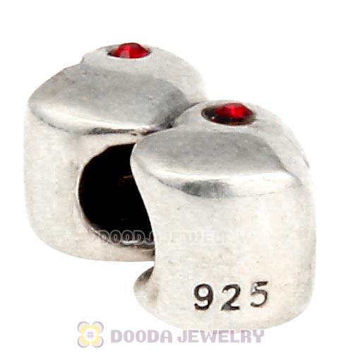 European Sterling Double Heart Charm with Siam Austrian Crystal Beads