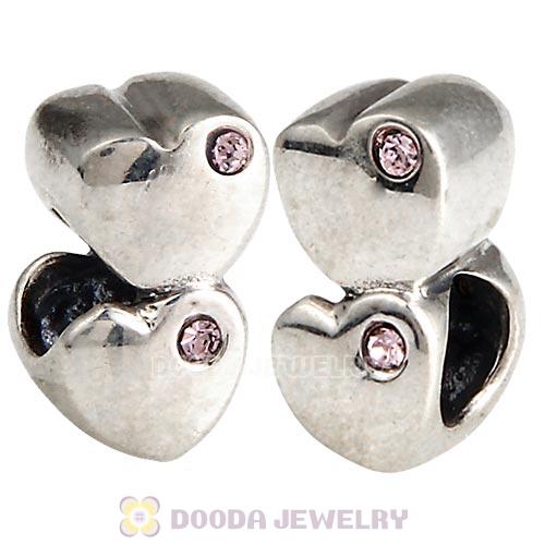 European Sterling Double Heart Charm with Light Amethyst Austrian Crystal Beads