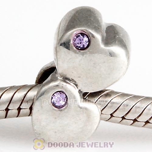 European Sterling Double Heart Charm with Violet Austrian Crystal Beads