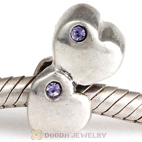 European Sterling Double Heart Charm with Tanzanite Austrian Crystal Beads
