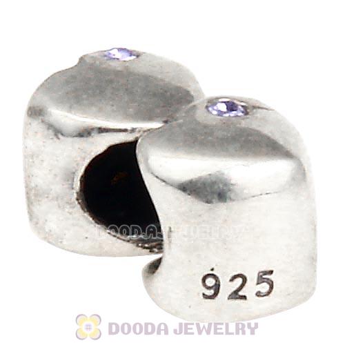 European Sterling Double Heart Charm with Tanzanite Austrian Crystal Beads