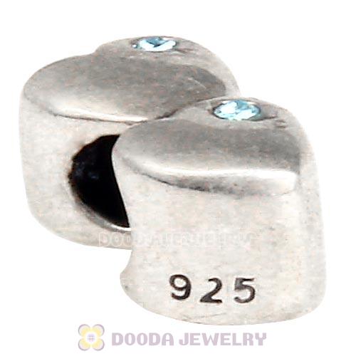 European Sterling Double Heart Charm with Aquamarine Austrian Crystal Beads
