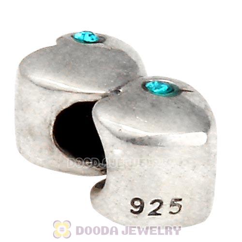 European Sterling Double Heart Charm with Blue Zircon Austrian Crystal Beads