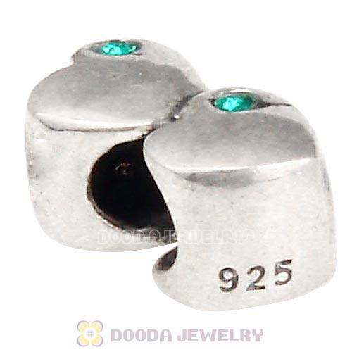 European Sterling Double Heart Charm with Emerald Austrian Crystal Beads