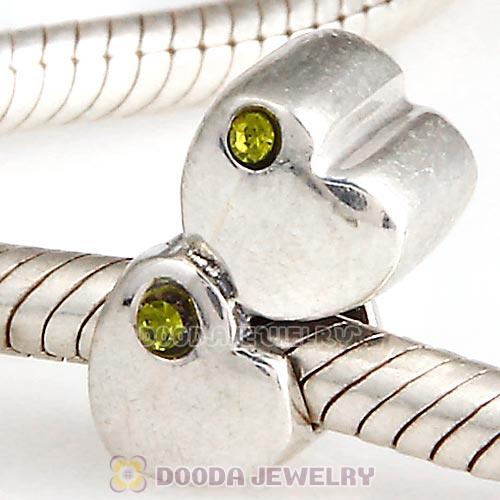 European Sterling Double Heart Charm with Olivine Austrian Crystal Beads