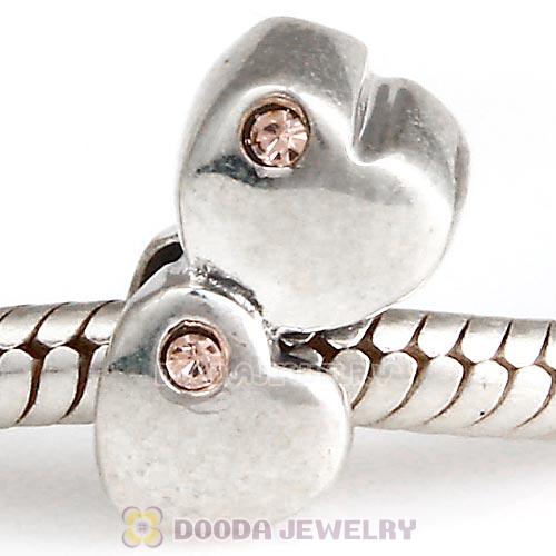 European Sterling Double Heart Charm with Light Peach Austrian Crystal Beads