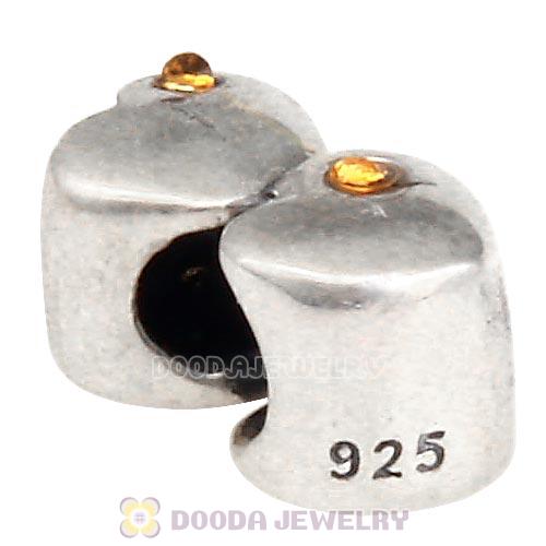 European Sterling Double Heart Charm with Topaz Austrian Crystal Beads