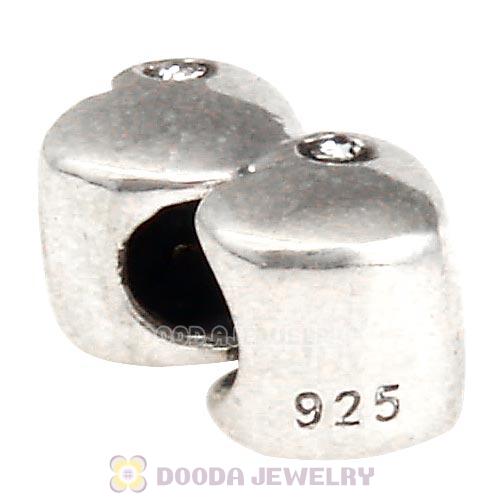 European Sterling Double Heart Charm with Black Diamond Austrian Crystal Beads