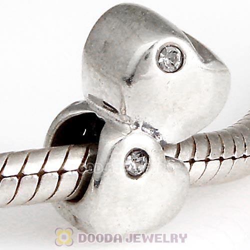 European Sterling Double Heart Charm with Black Diamond Austrian Crystal Beads