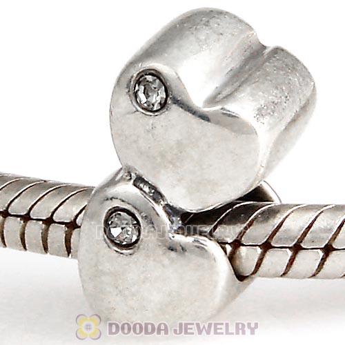 European Sterling Double Heart Charm with Black Diamond Austrian Crystal Beads