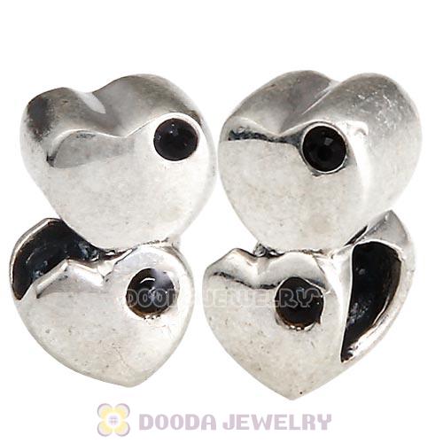 European Sterling Double Heart Charm with Jet Austrian Crystal Beads