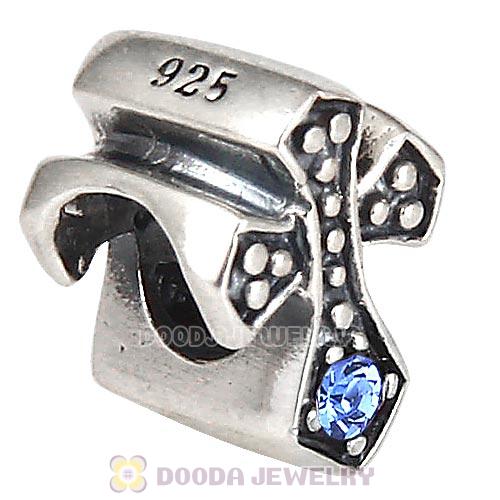 European Antique Sterling Silver Cross Charm Bead with Sapphire Austrian Crystal