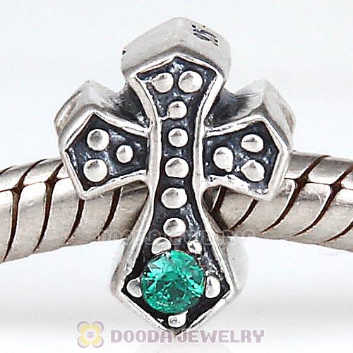 European Antique Sterling Silver Cross Charm Bead with Emerald Austrian Crystal