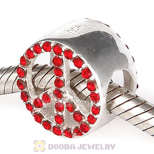 Sterling Silver Peace Button Beads with Light Siam Austrian Crystal