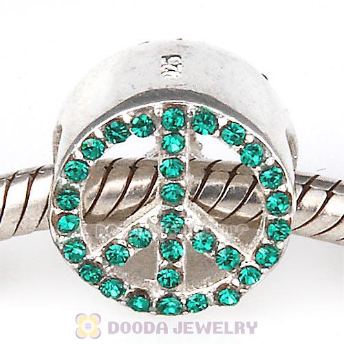 Sterling Silver Peace Button Beads with Emerald Austrian Crystal