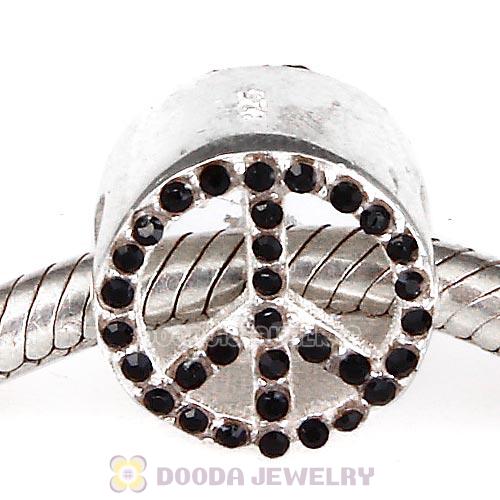 Sterling Silver Peace Button Beads with Jet Austrian Crystal