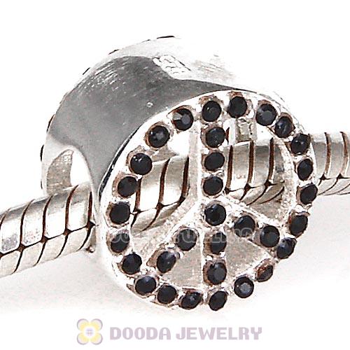 Sterling Silver Peace Button Beads with Jet Austrian Crystal