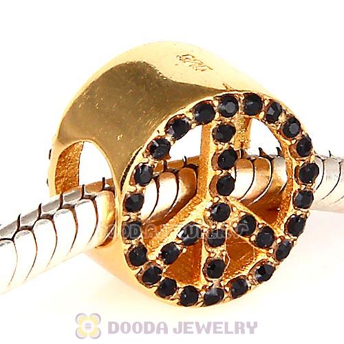 Gold Plated Sterling Silver Peace Button Beads with Jet Austrian Crystal