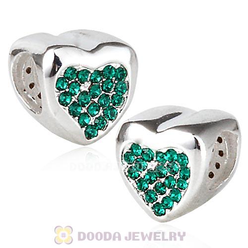 Sterling Silver Glitter Heart Beads with Emerald Austrian Crystal