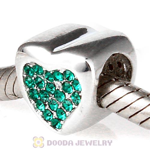 Sterling Silver Glitter Heart Beads with Emerald Austrian Crystal